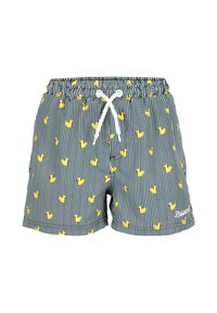 Swim shorts featuring a navy and white striped pattern with yellow rubber duck motifs, elastic waistband with drawstring.