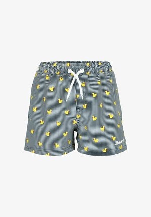 Costumi da bagno con un motivo a righe blu navy e bianche, decorati con motivi di anatroccoli gialli, vita elastica con cordoncino.