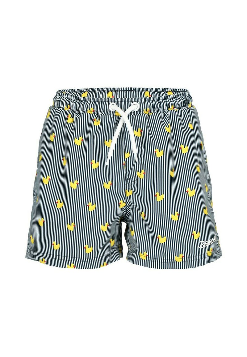 Swim shorts featuring a navy and white striped pattern with yellow rubber duck motifs, elastic waistband with drawstring.