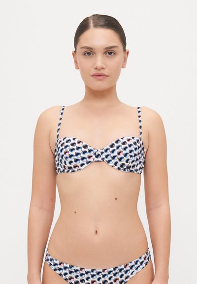 Bikini set s vzorovaným designem v modré, růžové a bílé barvě. Podprsenka má kosticové vyztužení a nastavitelné ramínka; spodní díl je nízkotřasový.