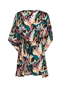 Robe fleurie avec un fond noir et des motifs vibrants en vert, rose et pêche. Manches courtes, taille élastique et ourlet évasé.