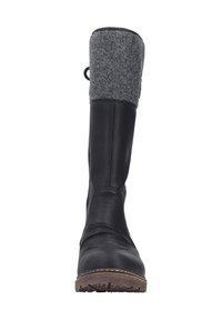 Bota de cuero negra hasta la rodilla con un puño de fieltro gris. Presenta una punta redondeada y una suela texturizada. Incluye una lengüeta para facilitar el poner y quitar.
