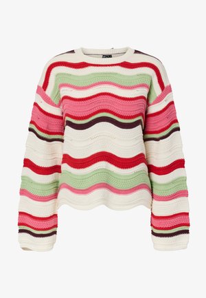 Chunky knit sweater with wavy horizontal stripes in red, pink, green, cream, and brown, featuring long sleeves and a round neckline.