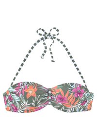 Grüner Blumen-Bikini-Oberteil mit orangefarbenen und rosa Blumen, gerafftem Design und gestreiften Bändern. Mit gepolsterten Cups und verstellbaren Trägern.