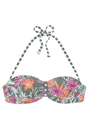 Groen bloemig bikini-top met oranje en roze bloemen, geplooid ontwerp en gestreepte banden. Bevat voorgevormde cups en verstelbare schouderbanden.