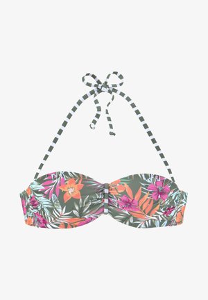 Zelený květinový bikini top s oranžovými a růžovými květy, řasený design a pruhované tkanice. Obsahuje polstrované košíčky a nastavitelné ramínka.