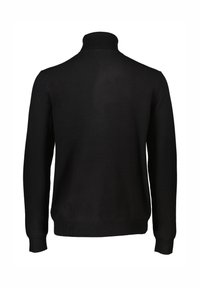 Schwarzer Pullover mit langen Ärmeln und hohem Kragen. Hergestellt aus einem glatten, elastischen Material, mit gerippten Bündchen und Saum für zusätzliche Struktur.