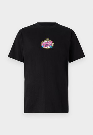 Black short-sleeve T-shirt made of cotton with a colorful Santa Cruz logo printed on the chest. Simple, classic crew neck design.