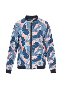 Jachetă bomber cu print de frunze tropicale în nuanțe de albastru, roz și alb. Prevăzută cu fermoar frontal și manșete și tiv din material rib. Material ușor.