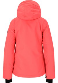 Koralle Skijacke mit Kapuze, langen Ärmeln mit schwarzen Bündchen und glattem Textil, entworfen für den Outdoor-Einsatz.
