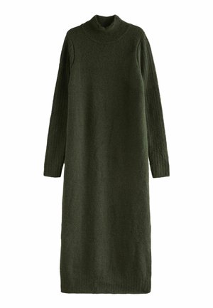 Długa ciemnozielona dzianinowa sukienka swetrowa z prążkowanymi, długimi rękawami i wysokim kołnierzem, o prostym kroju i fakturowanej tkaninie.