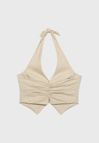 Beige halterneck-top med en knuten nackrem, med rynkad tyg vid framsidan och en spetsig nederkant. Tillverkad av ett lätt material.