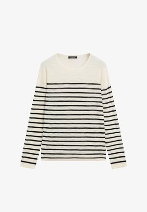 Maglione crema a maniche lunghe con strisce orizzontali nere sul corpo e sulle maniche, scollo rotondo e tessuto a maglia leggero.