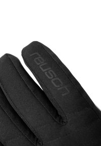 Black gloves made of smooth fabric with a textured finish and reinforced stitching. Features embossed branding on the wrist area.