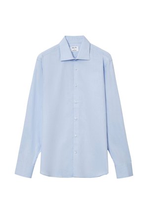 Helleblaues Langarmshirt aus glattem Stoff, mit klassischem Kragen und Knopfleiste, geradem Saum und Manschetten.