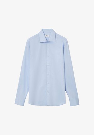 Chemise à manches longues bleu clair en tissu lisse, avec un col classique et une fermeture à boutons, dotée d'un ourlet droit et de poignets.