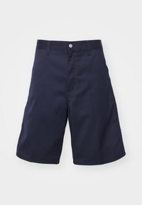 Navy blue shorts made of durable fabric, featuring a flat front, two pockets, and a metal button closure for secure fitting.