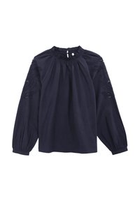 Blusa blu navy con scollatura tonda, dettagli arricciati, maniche lunghe a sbuffo e ricami floreali sulle maniche. Tessuto in cotone morbido.