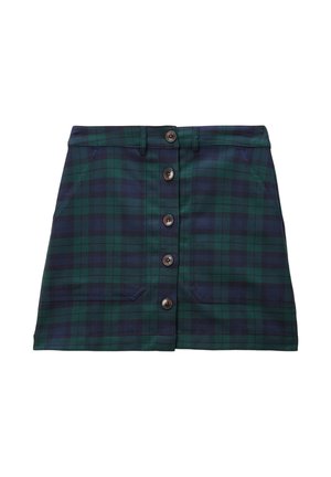 Jupe à carreaux en vert foncé et bleu marine avec une fermeture à boutons sur le devant, deux poches avant et une coupe ajustée.