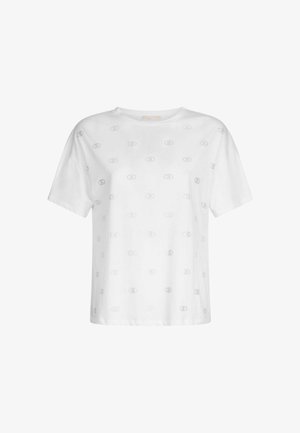 T-shirt bianca a maniche corte in cotone, con loghi in rilievo in un motivo ripetuto su tutta la superficie. Taglio dritto e scollatura a girocollo.