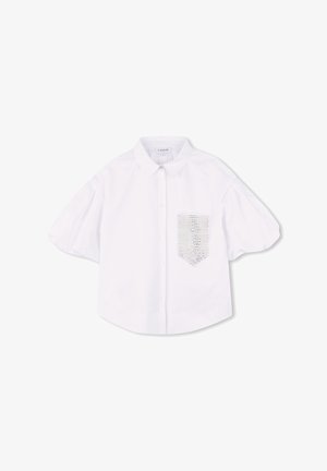 Witte blouse met korte mouwen en een kraag, met een textuur patch pocket aan de linkerkant. Gemaakt van gladde stof met een lichte glans.