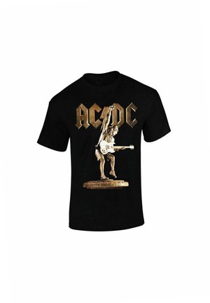 Sort T-shirt med en bronze statue af en guitarist med hævet næve og "AC/DC" i fede bogstaver ovenfor.