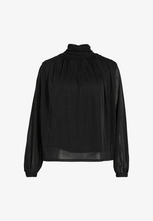 Svart gjennomsiktig bluse med lange ermer, samlet høy krage og mansjetter, med en løs passform og subtile folder ved halsen.