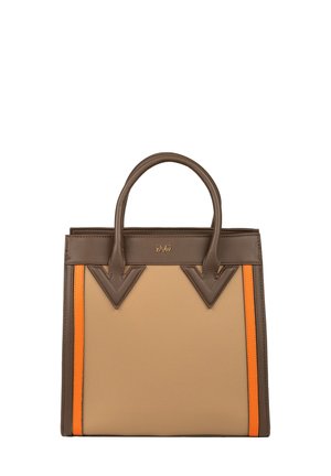 Bruine leren handtas met een gestructureerd ontwerp, voorzien van beige en oranje verticale strepen en puntige accenten aan de bovenkant.