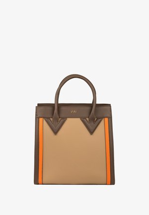 Braune Ledertasche mit strukturiertem Design, die beigen und orangefarbenen vertikalen Streifen sowie spitze Akzente oben aufweist.
