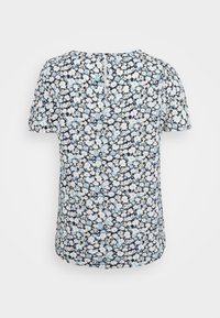 Short-sleeved top in navy blue with a floral pattern of white and light blue flowers. Rounded neckline and back keyhole detail.