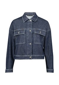 Džínová bunda v tmavomodrej farbe. Obsahuje dve náprsné vrecká, zapínanie na gombíky a kontrastné prešívanie. Skrátený strih s dlhými rukávmi.