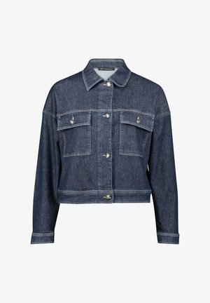 Dunkelblaue Jeansjacke. Verfügt über zwei Brusttaschen, Knopfverschluss und Kontrastnähten. Cropped-Design mit langen Ärmeln.