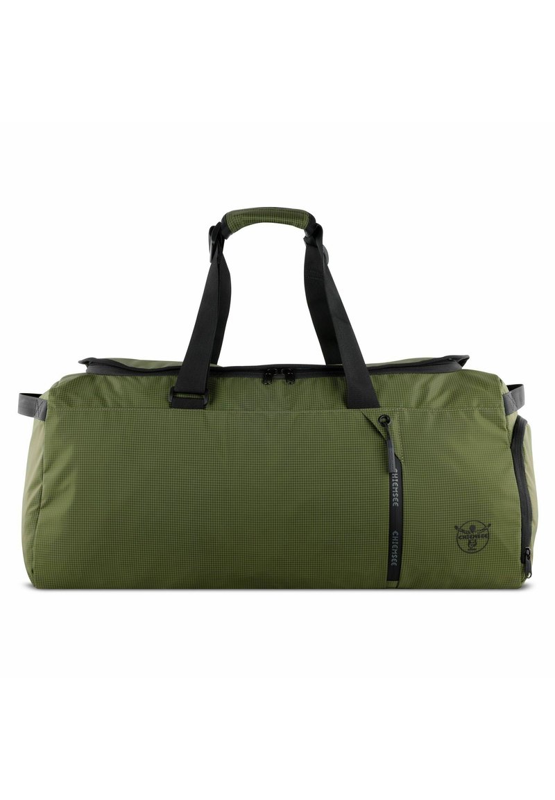 Duffle bag in olive green with a grid pattern, black straps, and a side zippered pocket. Features a logo on one side and sturdy handles.