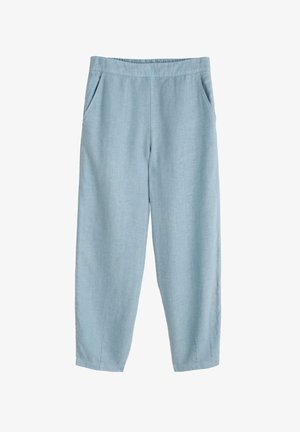 Jasnoniebieskie lniane spodnie o luźnym kroju, z bocznymi kieszeniami, prostym krojem i elastycznym pasem zapewniającym komfort.