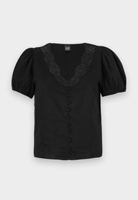 Blouse noire à manches courtes avec un décolleté en V, bordure en dentelle et fermeture à boutons à l'avant. Présente des manches bouffantes et une coupe structurée.
