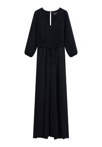 Robe maxi noire avec un décolleté en V et de longues manches bouffantes. Présente une taille ceinturée et une ouverture en forme de clé au dos. Texture de tissu lisse.