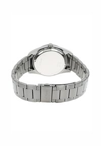 Zilveren roestvrijstalen horloge met een gepolijste afwerking, voorzien van een schakelarmband en een ronde kast, met een minimalistisch ontwerp aan de achterkant.