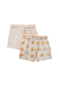 Deux paires de shorts en coton léger : un uni rose clair et un avec un motif de sacs colorés. Les deux ont des ceintures élastiques.