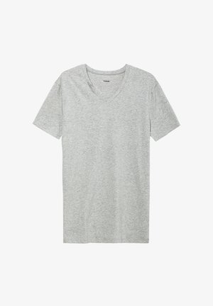 Grijze katoenen T-shirt met een V-hals, korte mouwen en een soepele, lichte textuur. Geen zichtbare patronen of accenten.