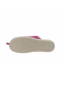 Chaussure slip-on en textile rose avec une tige texturée et une semelle en caoutchouc de couleur claire ornée d'un motif floral.