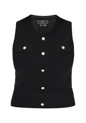Black knitted sleeveless top with a round neckline, featuring six decorative flower-shaped buttons and two front patch pockets.
