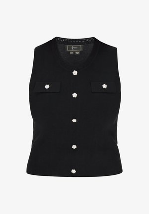 Must mustriimita ilma varrukateta topp ümmarguse kaelusega, millel on kuus dekoratiivset lillekujulist nööpi ja kaks esist patch-taskut.