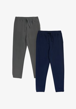 Twee paren joggingsbroeken: één in donkergrijs en de andere in marineblauw. Beide hebben elastische boorden en verstelbare taillebanden, gemaakt van zachte stof.