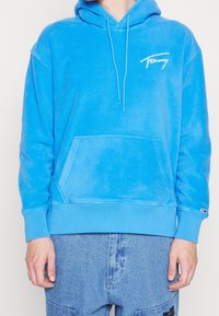 Felpa blu in cotone con tasca a marsupio anteriore, cordini regolabili, polsini e orlo a costine, con logo "Tommy" ricamato sul petto.