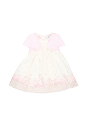 Vestido para niño pequeño en crema y rosa con mangas cortas, bordado floral, superposición de tul con lunares y un pequeño lazo en la cintura.