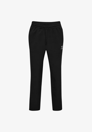 Pantalon noir à taille élastique avec cordon de serrage et petit logo blanc sur le haut de la cuisse gauche, coupe droite.