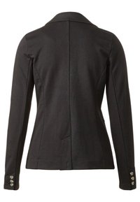 Blazer noir avec une coupe ajustée, des revers nets et des poignets boutonnés. Présente une texture de tissu lisse et une seule couture au dos.