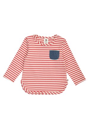Body niemowlęce z długim rękawem w czerwono-białe paski z niebieską kieszonką na piersi, wyposażone w zatrzaski na ramieniu i u dołu.