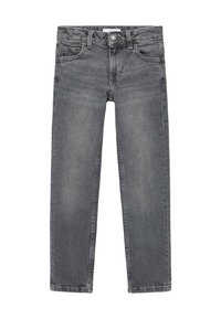 Jeans in denim grigio con una vestibilità dritta, cinque tasche, passanti per cintura e zip frontale. Il tessuto ha una texture leggermente usurata.
