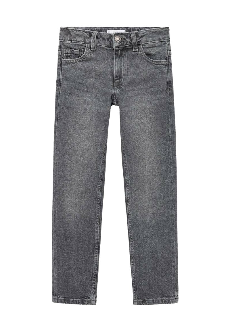 Jeans in denim grigio con una vestibilità dritta, cinque tasche, passanti per cintura e zip frontale. Il tessuto ha una texture leggermente usurata.